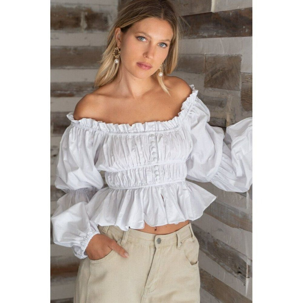 Sale! POL
Off Shoulder White Cropped Long Sleeve Blouse Ruffles Puff Sleeve Top - Picture 2 of 10